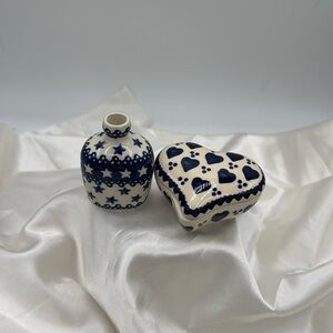 Vintage WIZA TRINKET/Ring Box with Hearts & Small Jug with Stars. Polish Pottery